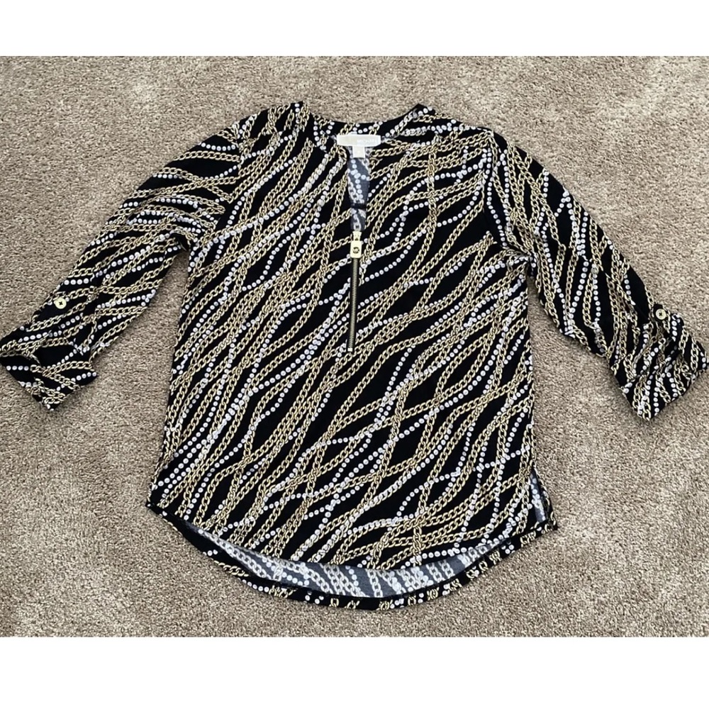 Michael Kors Black, Gold Chain And White Pearl Blouse Size Medium NWT
